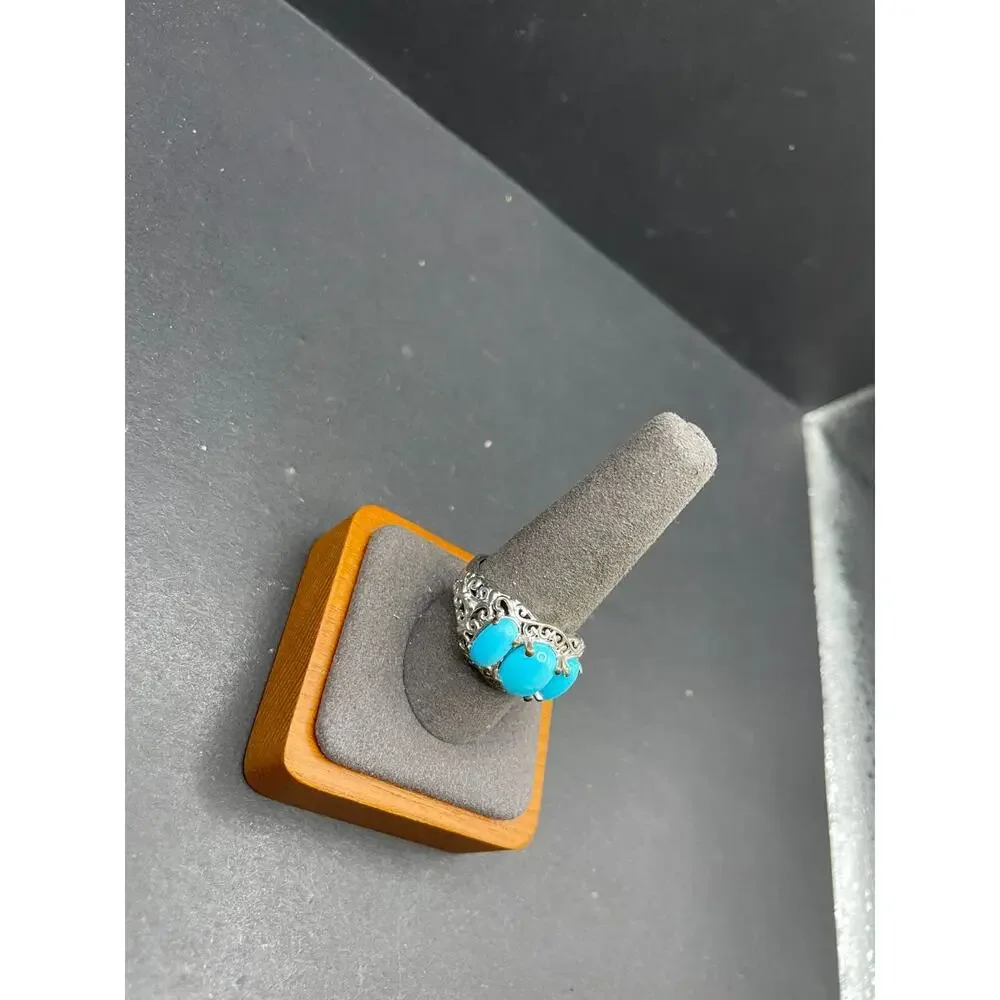 Vintage 925 Sterling Silver 3 Stone Sleeping Beauty Blue Turquoise Ring Sz 10.25